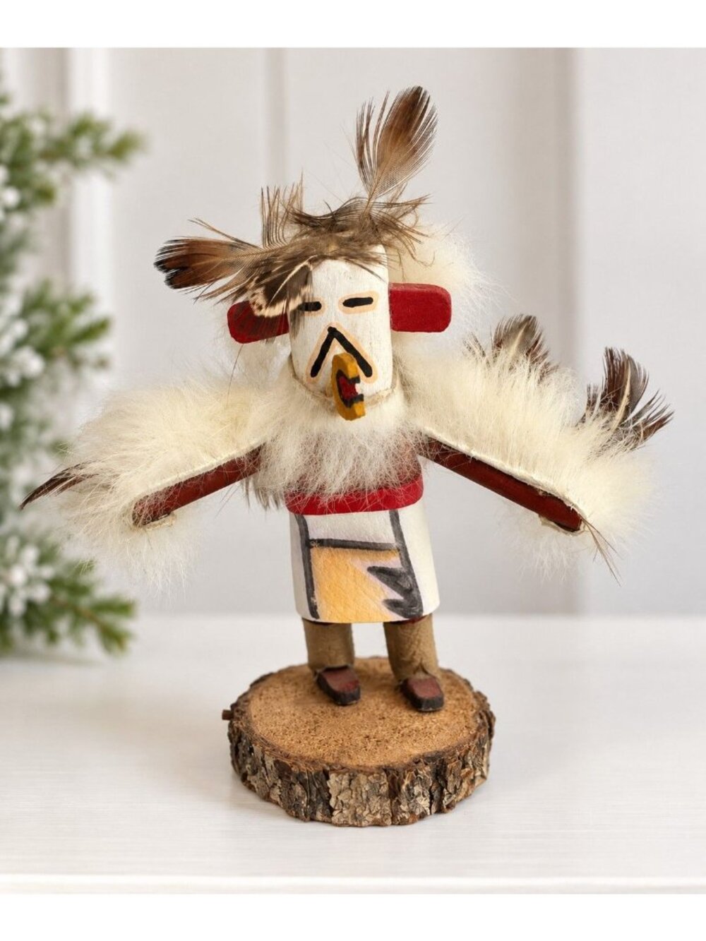 Vintage Eagle Dancer Kachina Doll Signed JT 5" Feather Fur Folk Art